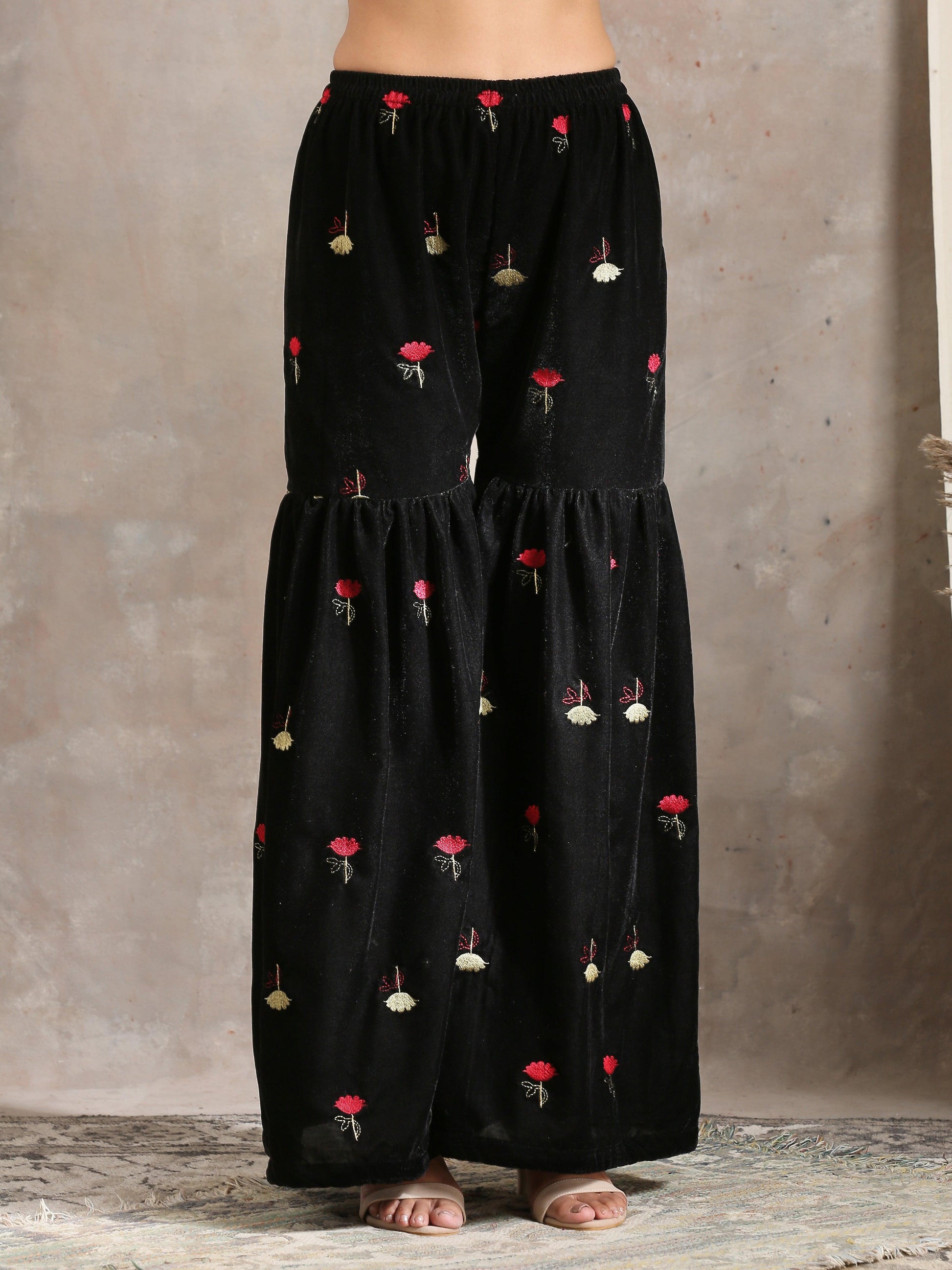 trueBrowns Black Velvet Embroidered Kurta Sharara Set | Swadesiicart