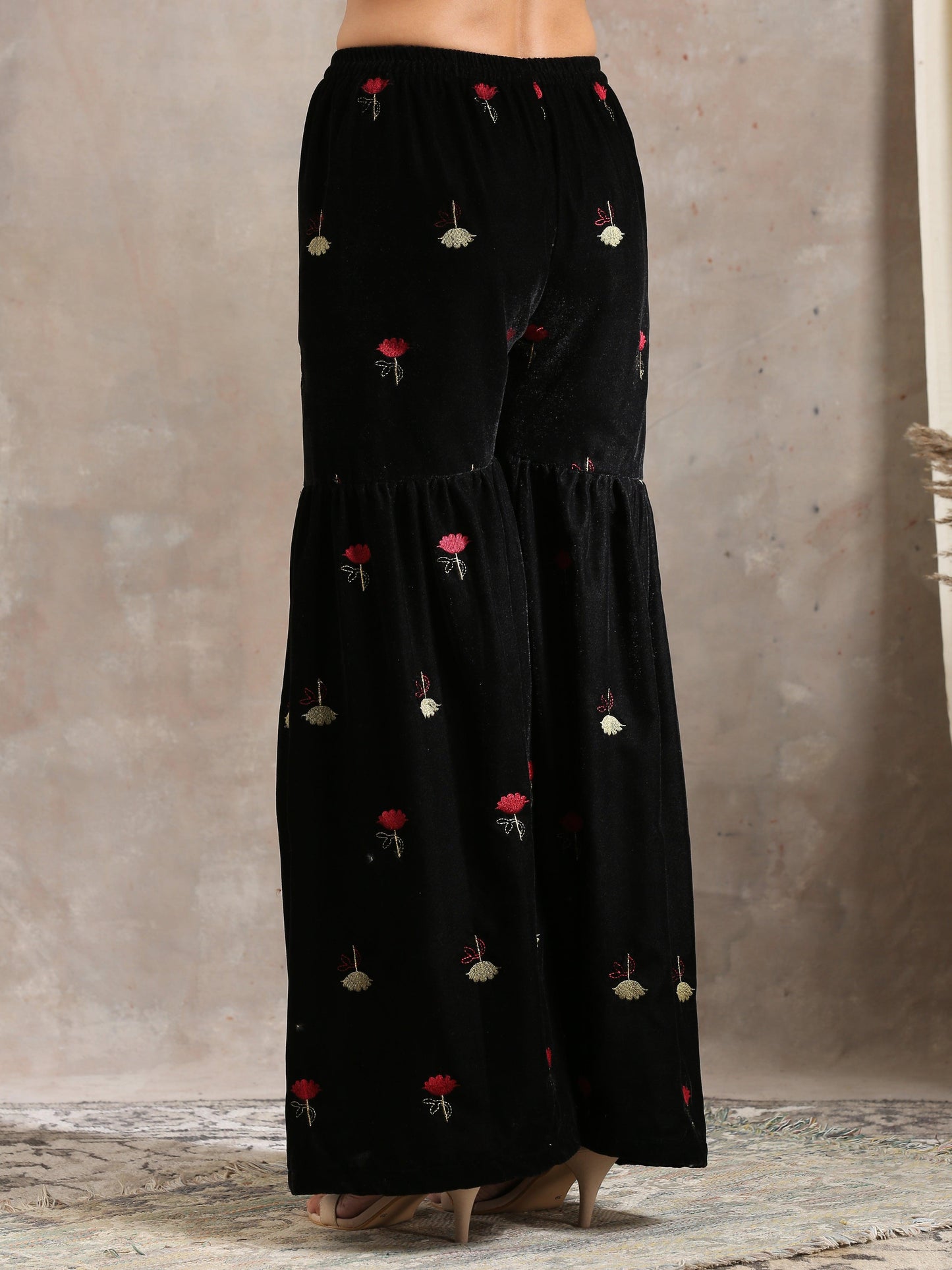 trueBrowns Black Velvet Embroidered Kurta Sharara Set | Swadesiicart
