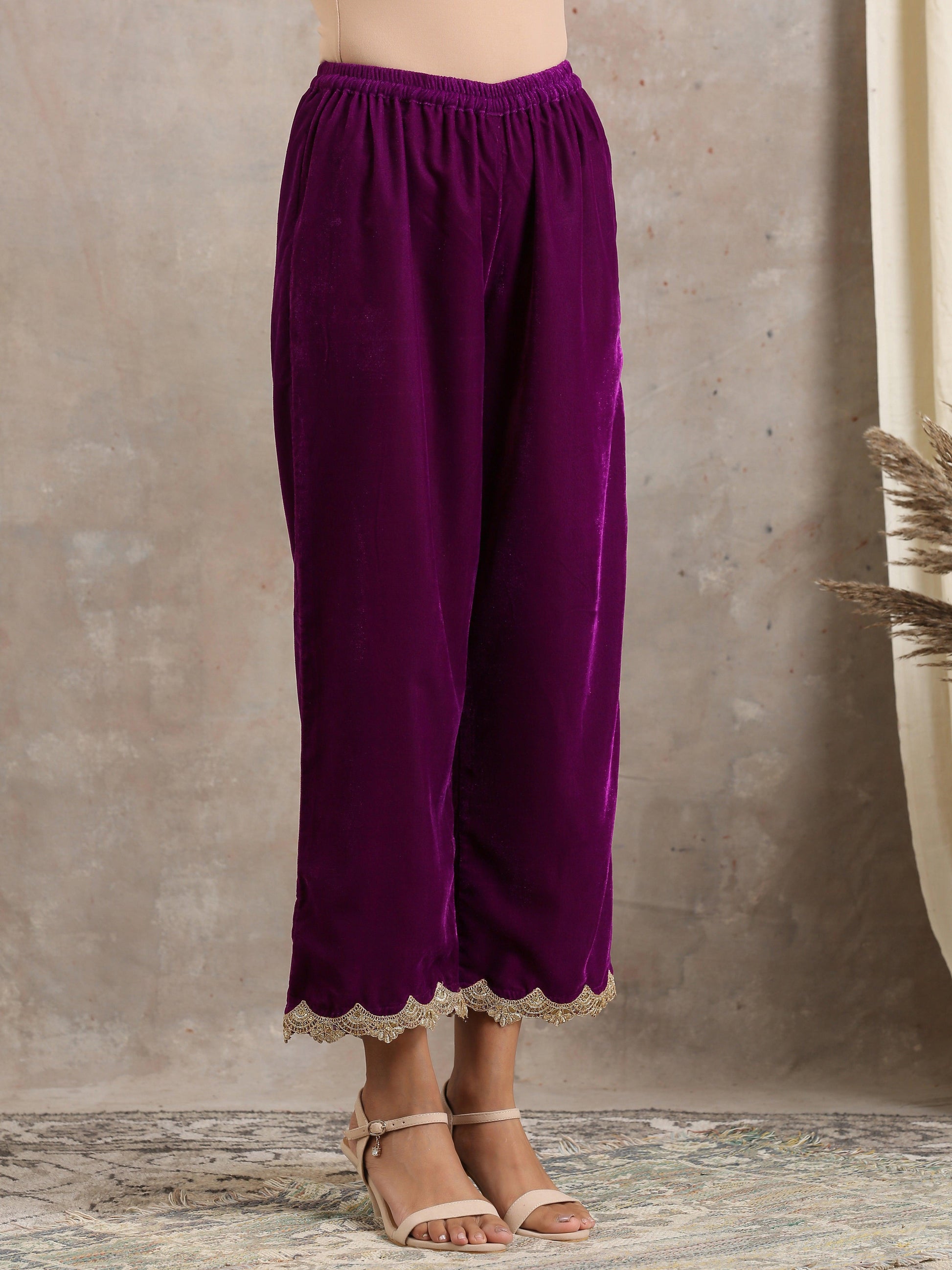 trueBrowns Wine Velvet Lace Kurta Pant Set | Swadesiicart