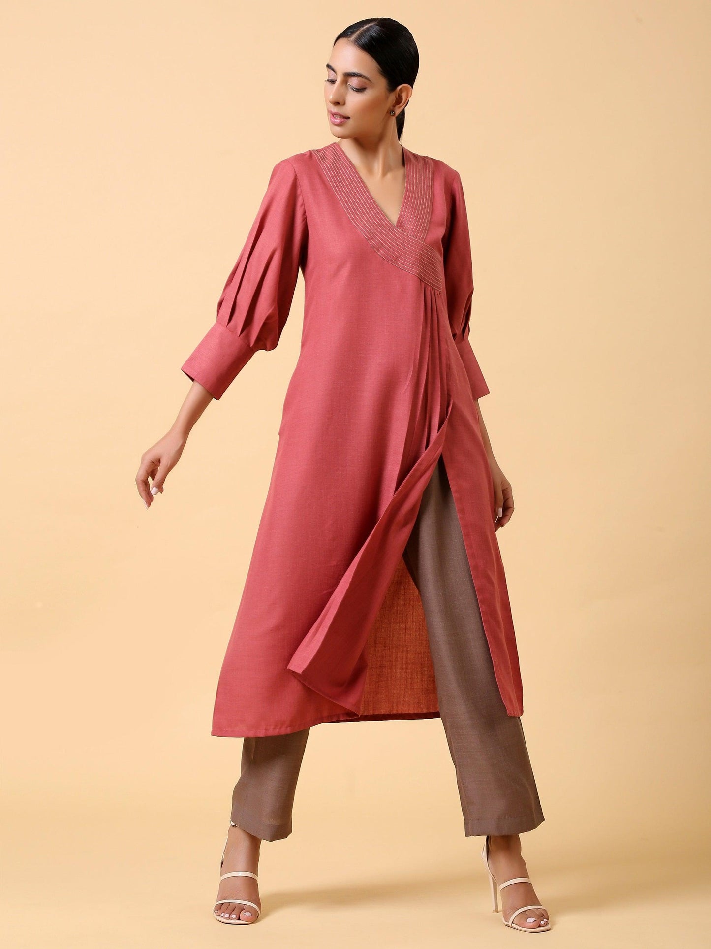 trueBrowns Cotton Linen Rust Red Kurta Pant Set | Swadesiicart