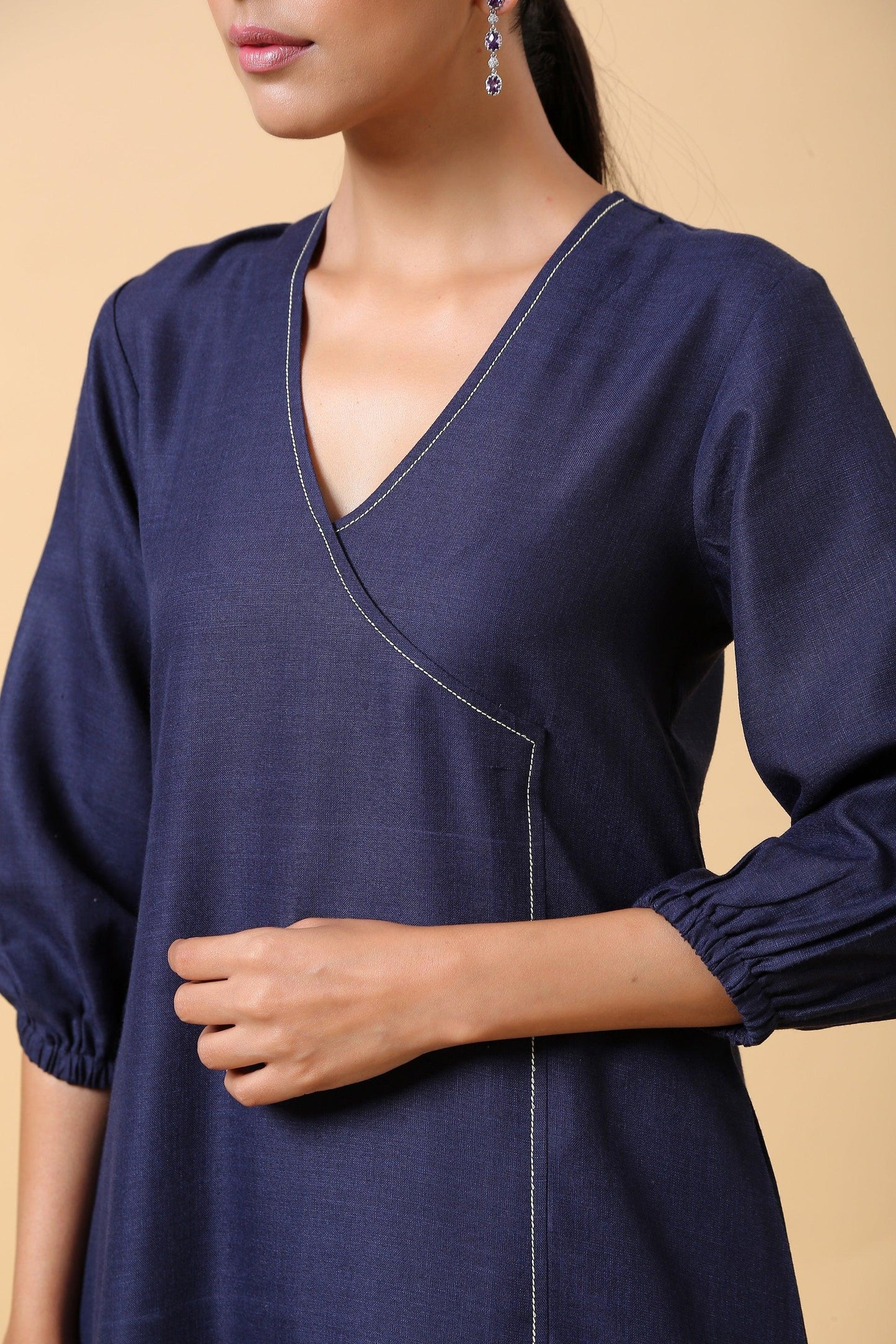 trueBrowns Cotton Linen Dark Blue Kurta Pant Set | Swadesiicart