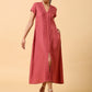 trueBrowns Cotton Linen Rust Red Pleated Dress | Swadesiicart