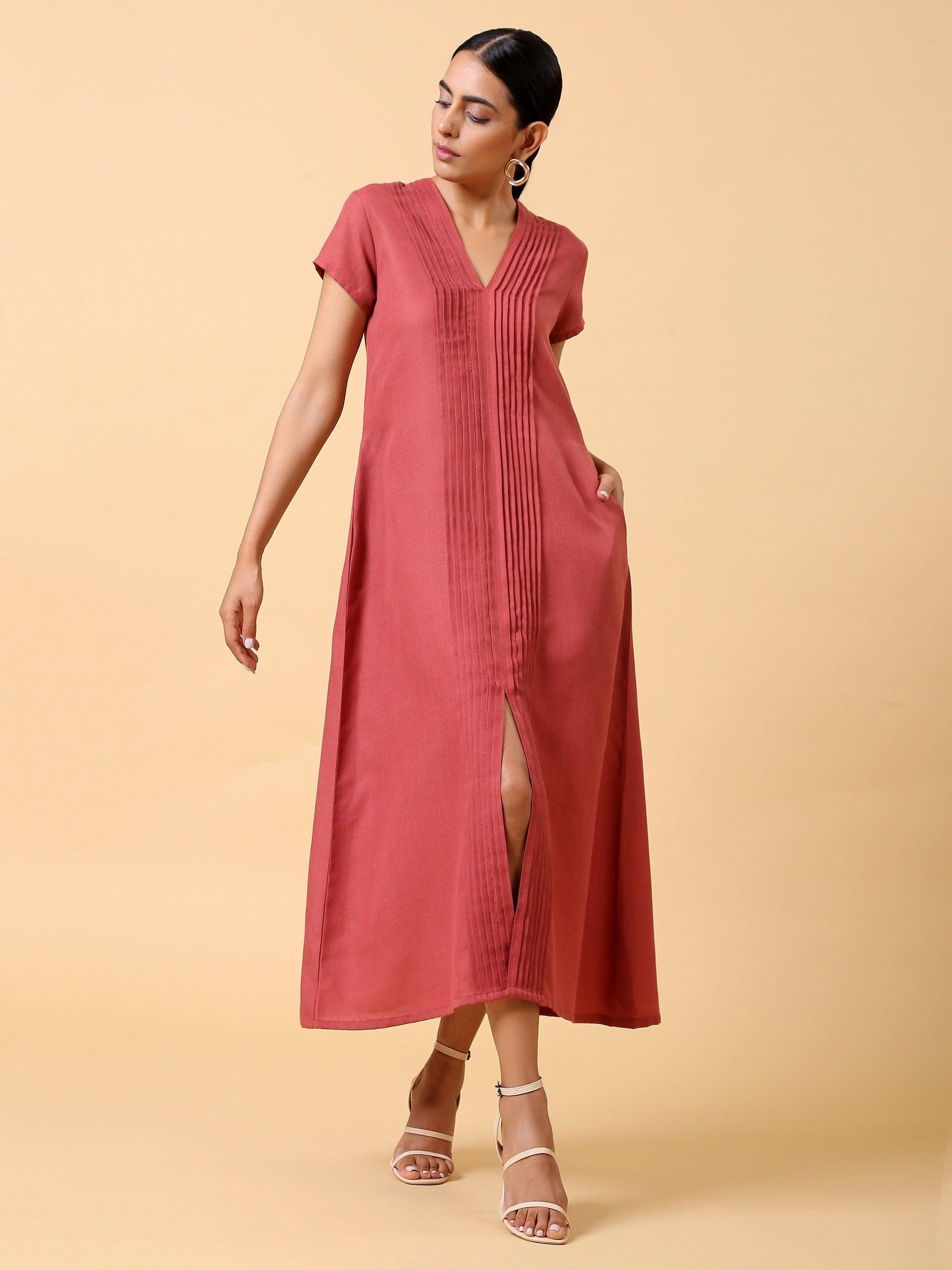 trueBrowns Cotton Linen Rust Red Pleated Dress | Swadesiicart