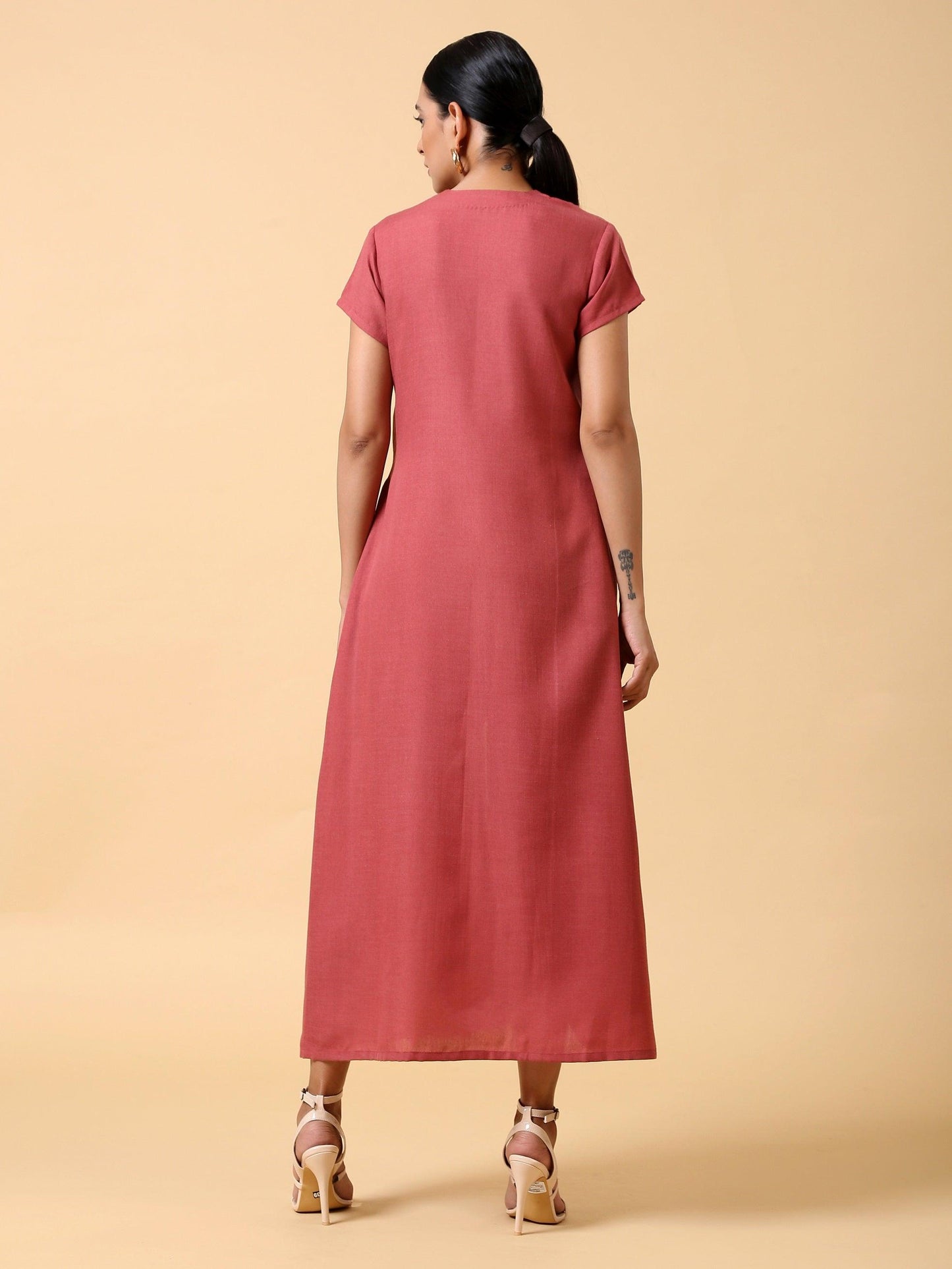 trueBrowns Cotton Linen Rust Red Pleated Dress | Swadesiicart