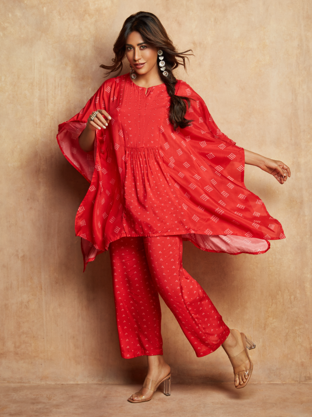 trueBrowns Red Bandhani Printed Silk Kaftan Gathered Co-Ord Set - Swadesiicart