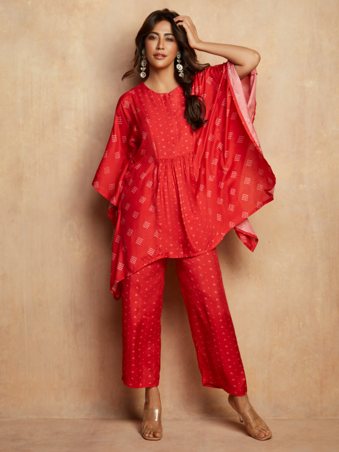 trueBrowns Red Bandhani Printed Silk Kaftan Gathered Co-Ord Set - Swadesiicart