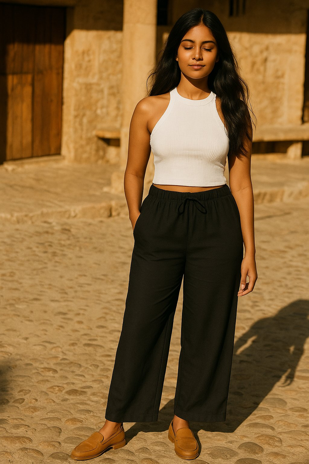 trueBrowns Black Cotton Blend Elasticated Drawstring Straight Pants | Swadesiicart