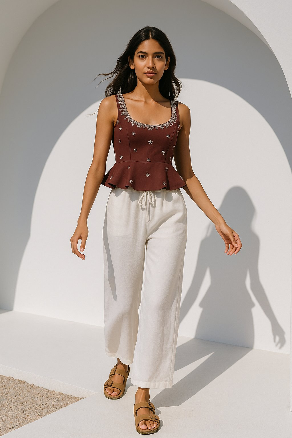 trueBrowns White Cotton Blend Elasticated Drawstring Straight Pants | Swadesiicart