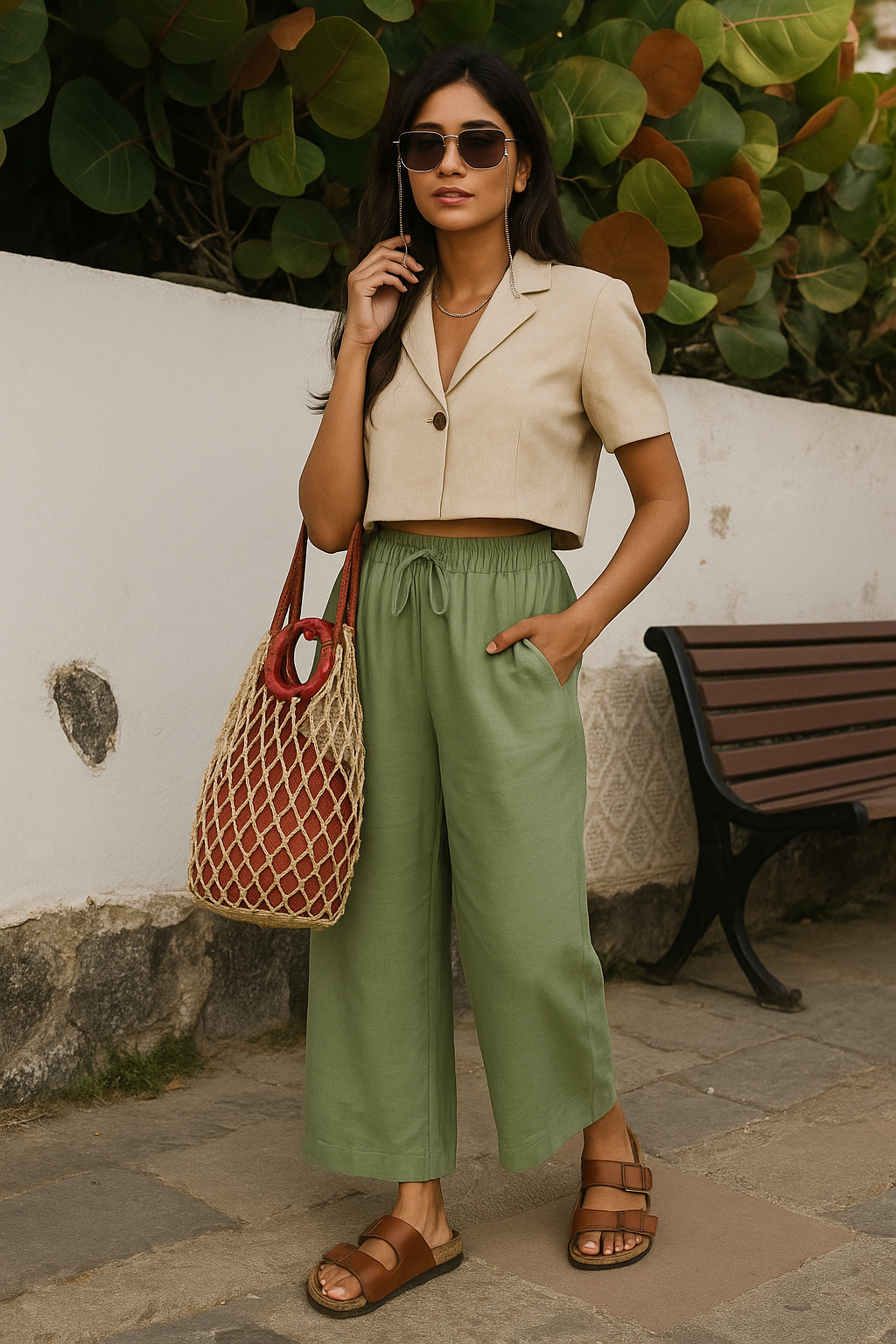 trueBrowns Mint Green Cotton Blend Elasticated Drawstring Straight Pants | Swadesiicart