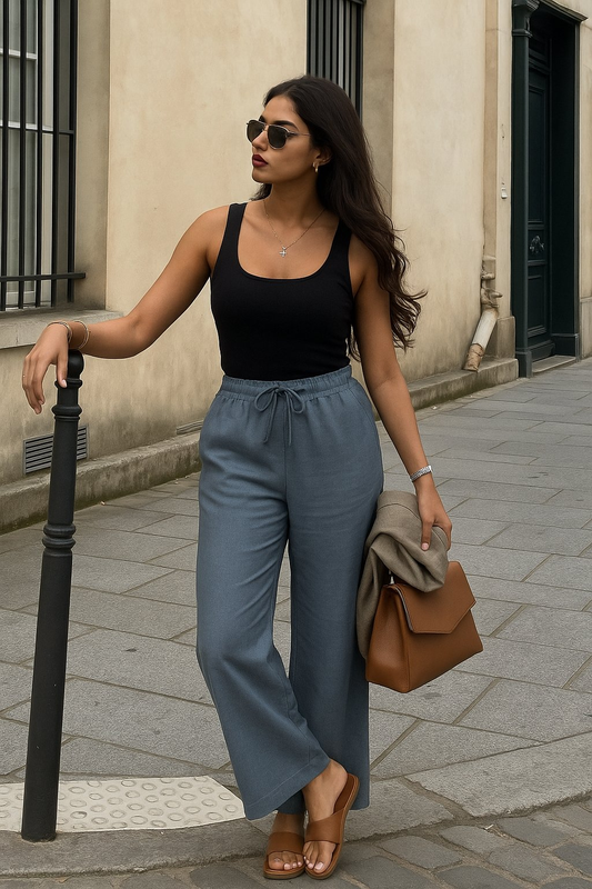 trueBrowns Blue Cotton Blend Elasticated Drawstring Straight Pants | Swadesiicart