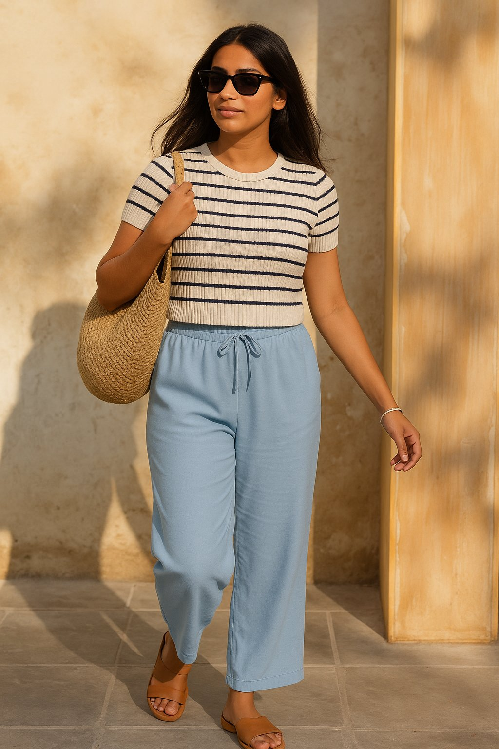 trueBrowns Light Blue Cotton Blend Straight Drawstring Pants | Swadesiicart