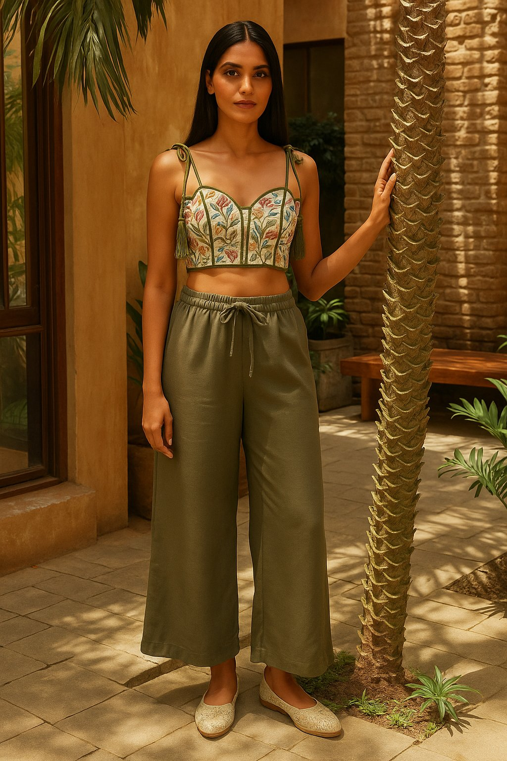 trueBrowns Olive Cotton Blend Elasticated Drawstring Straight Pants | Swadesiicart