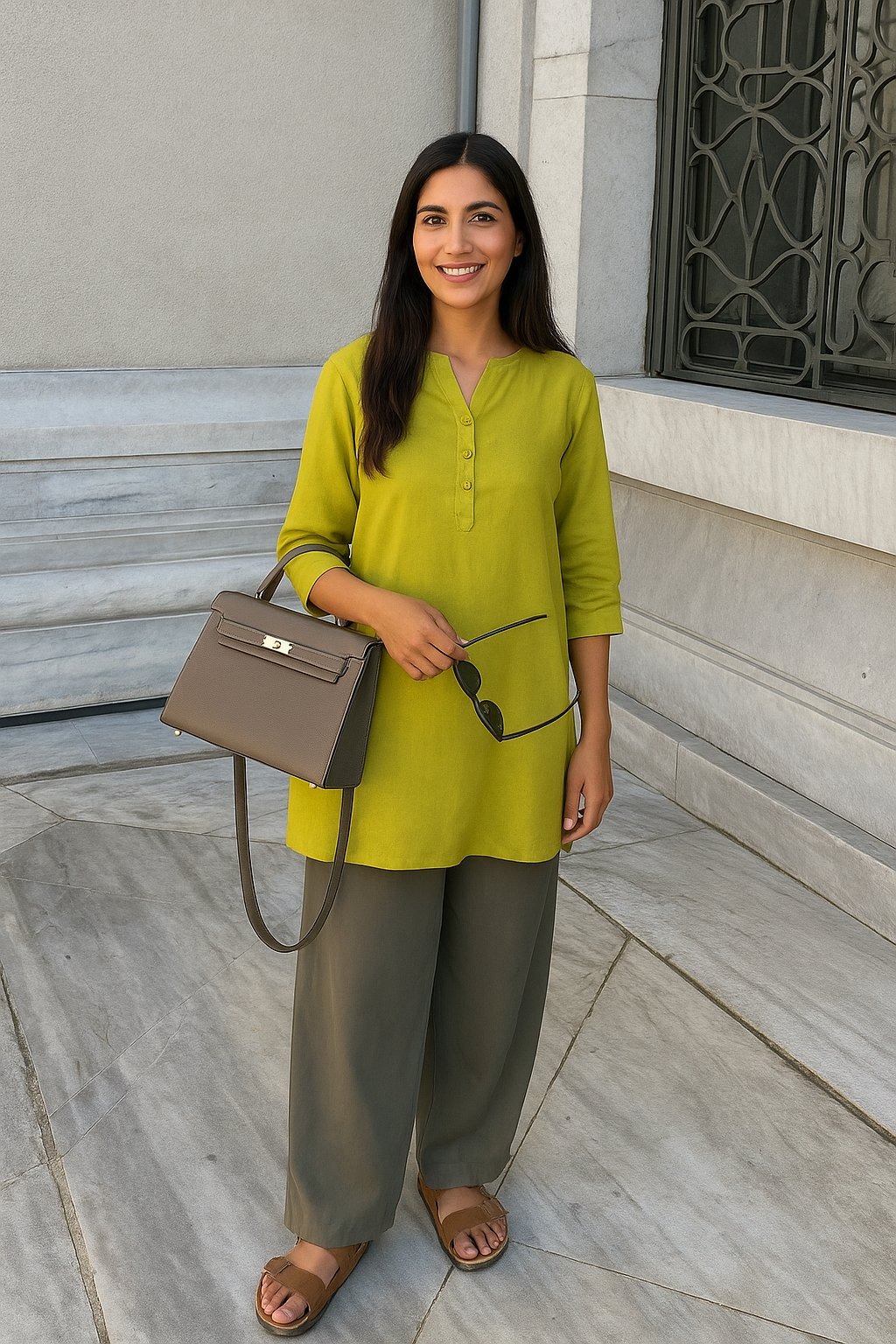 trueBrowns Lime Cotton Blend Short Kurta | Swadesiicart