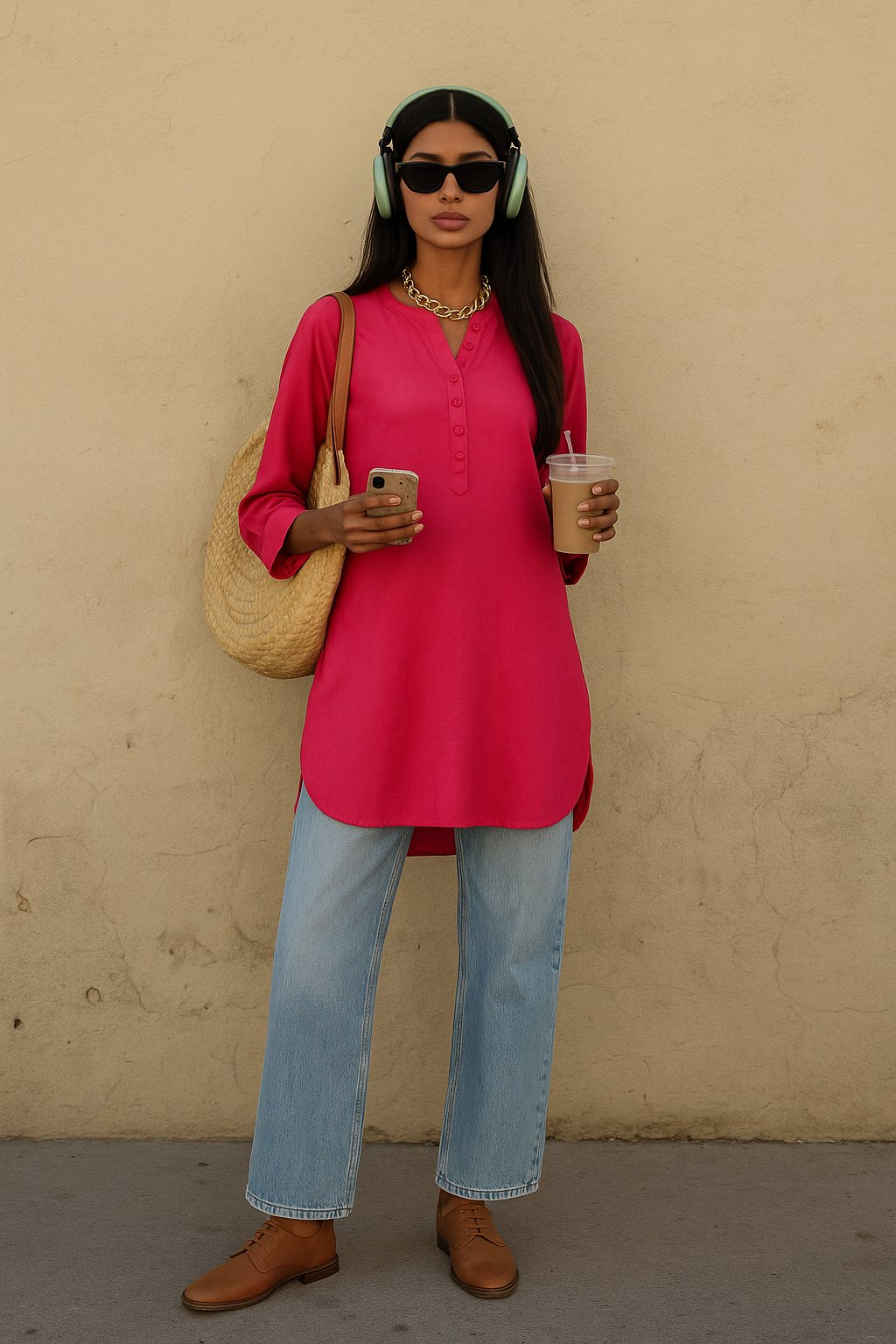 trueBrowns Fuchsia Cotton Blend Short Kurta | Swadesiicart