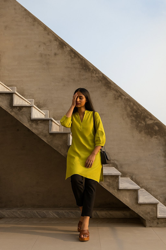 trueBrowns Green Cotton Blend Short Kurta | Swadesiicart