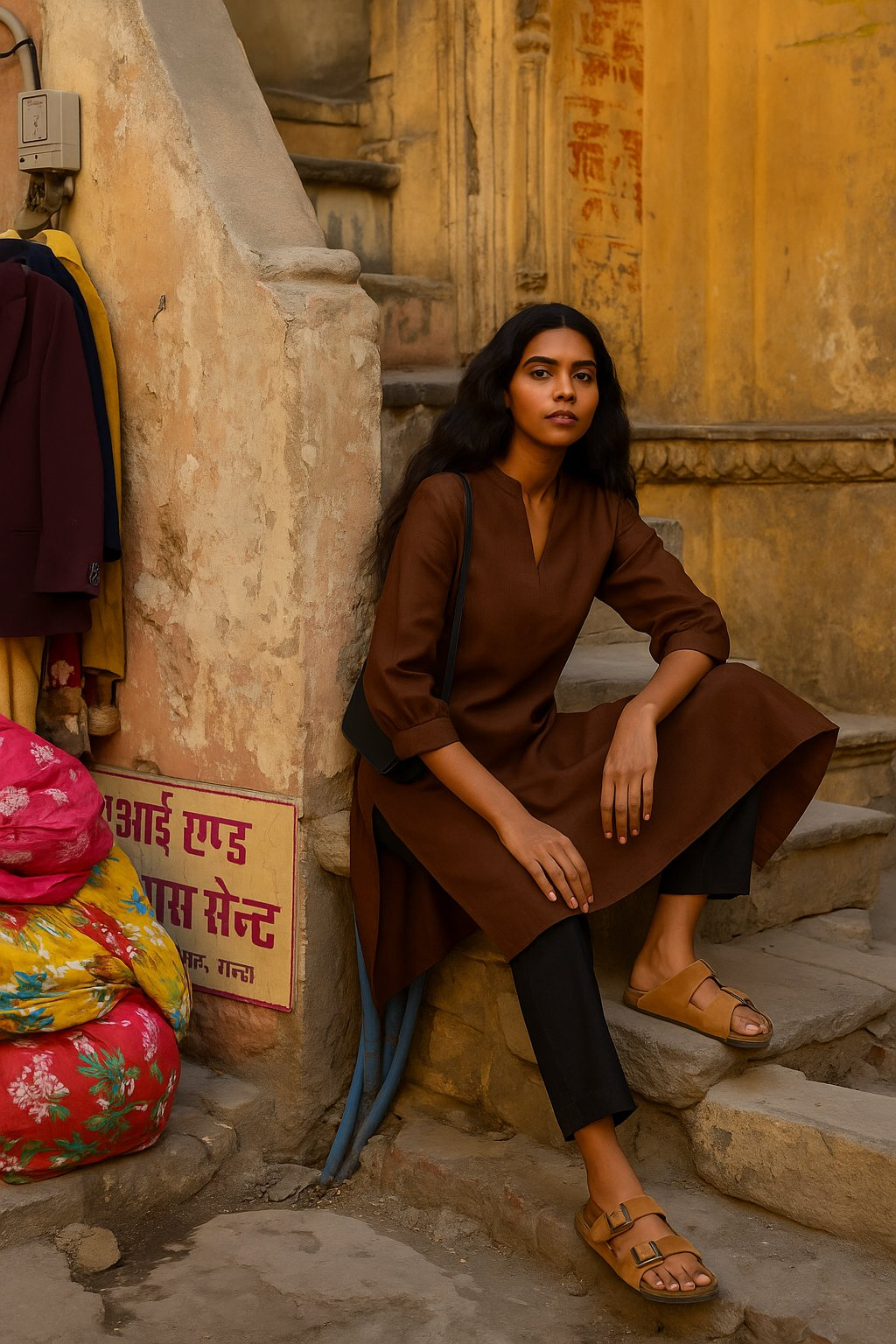 trueBrowns Brown Cotton Blend Short Kurta | Swadesiicart