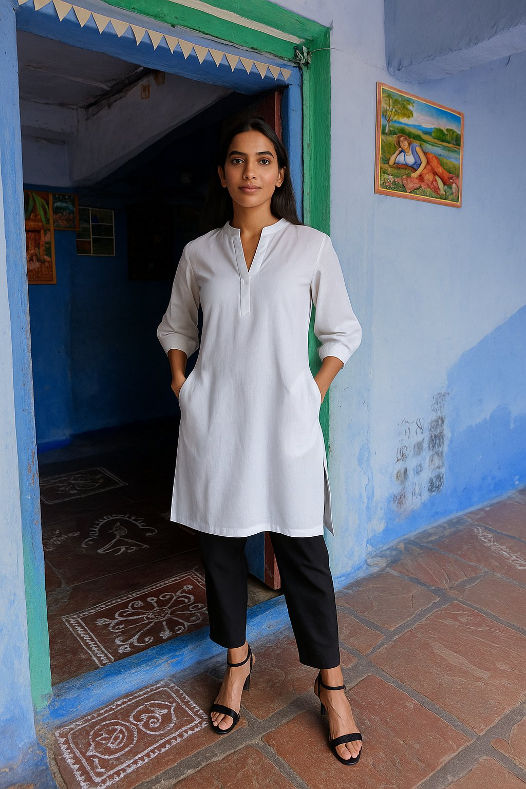 trueBrowns White Cotton Blend Short Kurta | Swadesiicart