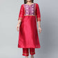 Ahalyaa Womens Red Art Silk Printed Kurta Pant Set | Swadesiicart