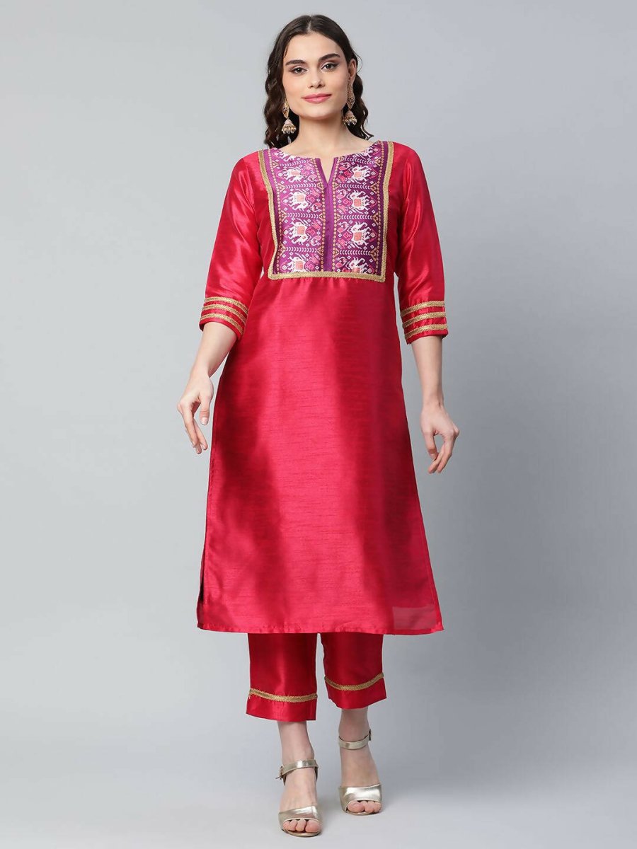 Ahalyaa Womens Red Art Silk Printed Kurta Pant Set | Swadesiicart