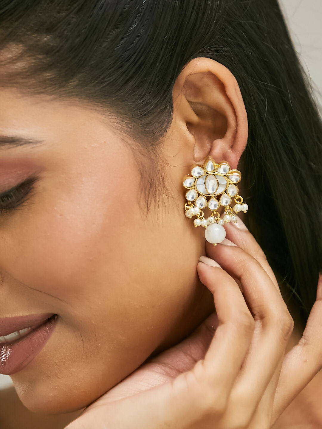 Nuyug 22K Gold-Plated Elegant MOP Studded Ethnic Pearl Drop Stud Earrings | Swadesiicart