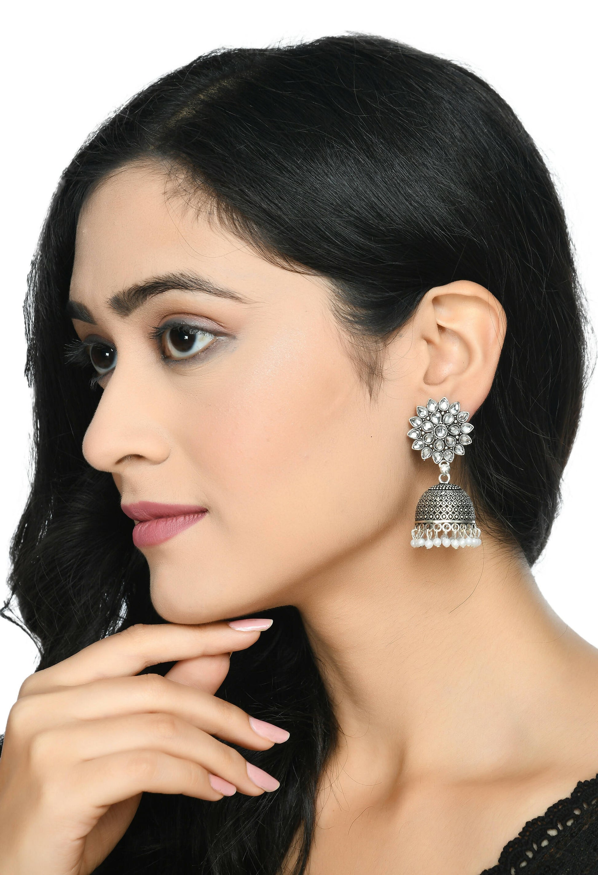 Mominos Fashion Joharkamal Kundan work Jhumka with White Beads - Swadesiicart