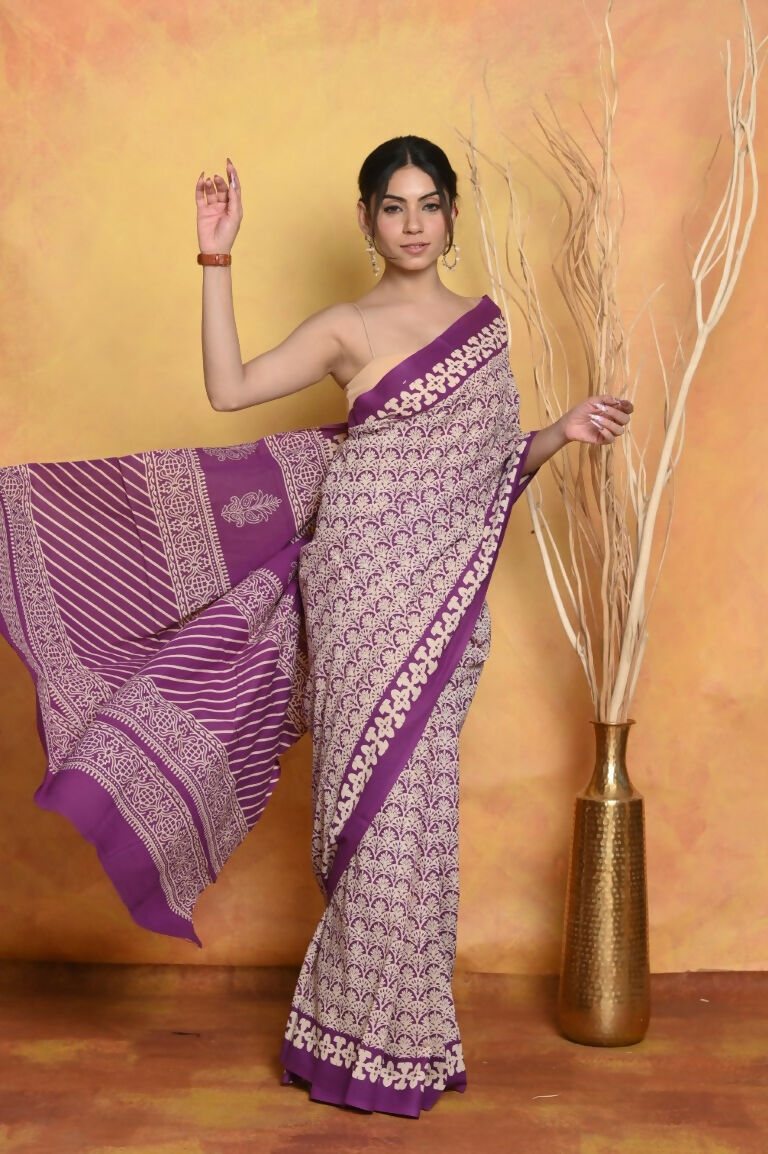 Very Much Indian Handblock Printed Cotton Saree With Natural Dyes - White | Swadesiicart