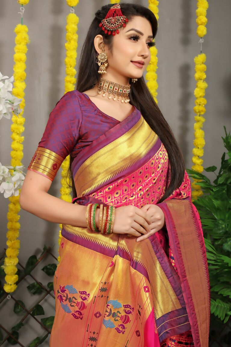 Jyoti Fashion Women's Pink Banarasi Silk Zari Woven Saree with Blouse | Swadesiicart