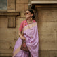 Crocus Purple & Peachsoft Handloom Sik Zari & Thread Work, Contrast Pallu Saree - Rajtex Kube Silk - Swadesiicart