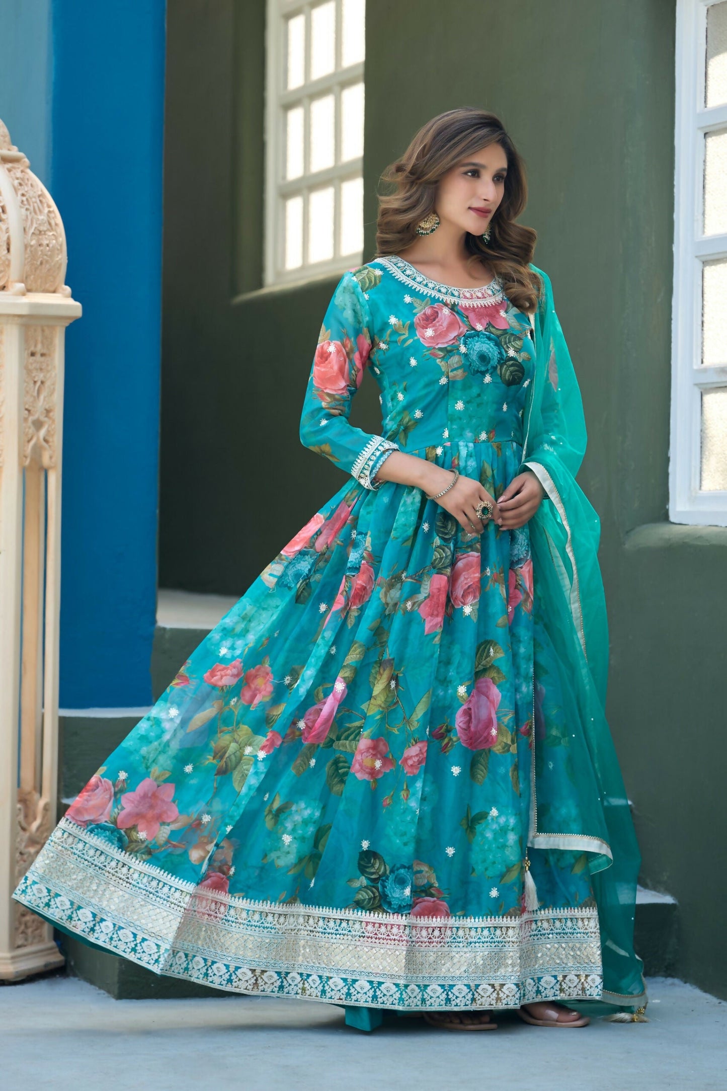 Anaita Blue Tabby Silk Readymade Anarkali Suit with Embroidery Thread & Sequence Work