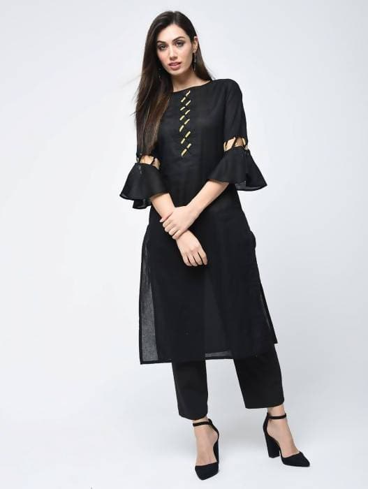 Aniyah Cotton Criss Cross Bell Sleeves Straight Kurta In Black (AN-101C) - Swadesiicart