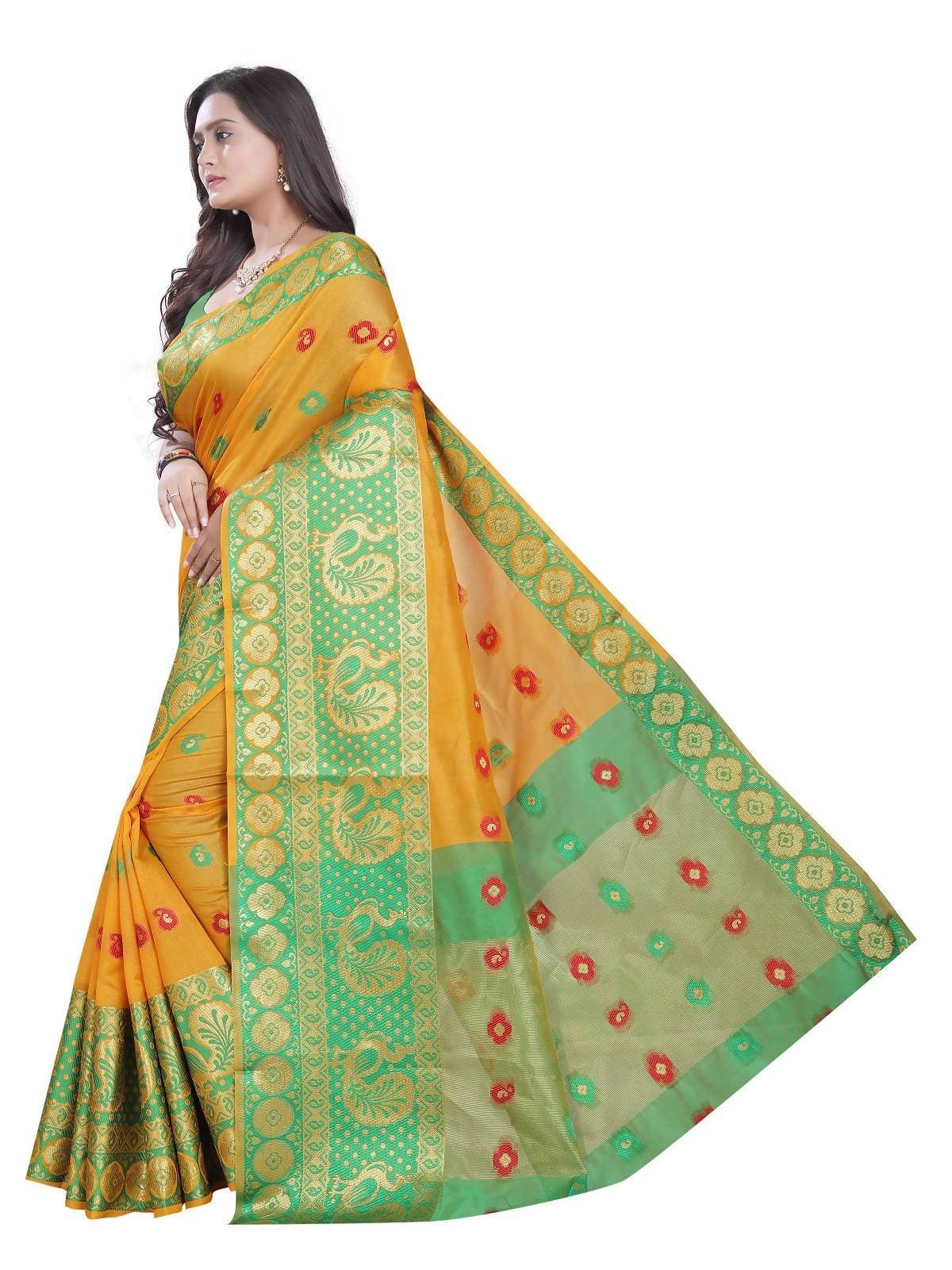 Vamika Banarasi Cotton Silk Yellow Weaving Saree | Swadesiicart