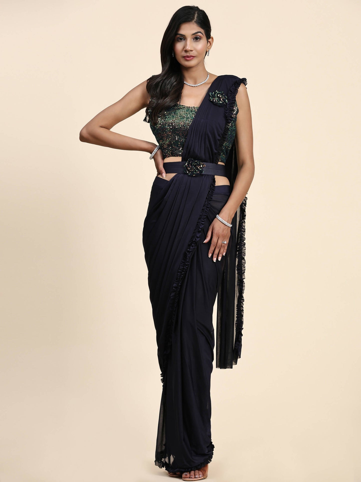 Navy Blue Imported Fabric Plain Ready to wear Saree with stitched Blouse - Vrinda | Swadesiicart