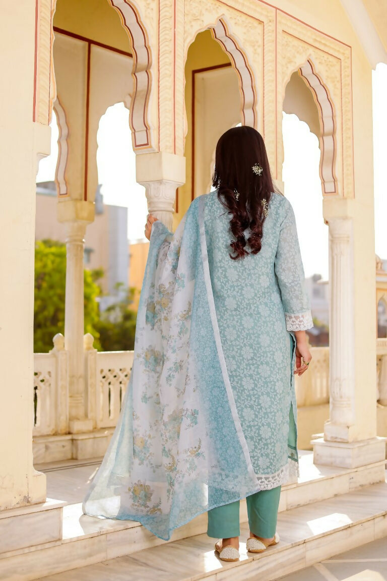 Vaasva Women Sky Blue Linen Floral Printed Kurta, Pant & Dupatta set | Swadesiicart