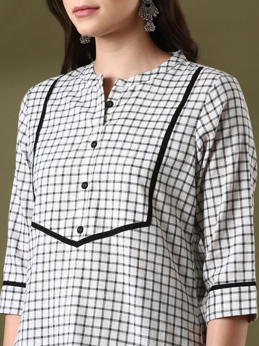 Anouk White Checked Mandarin Collar Pure Cotton Straight Kurta - Swadesiicart