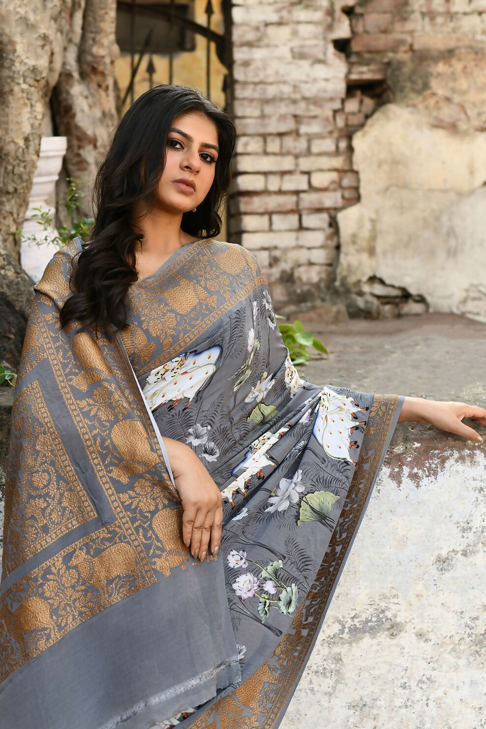 Joban Fashion Silver Grey Pure Crepe Pure Handloom Banarasi Silk Saree | Swadesiicart