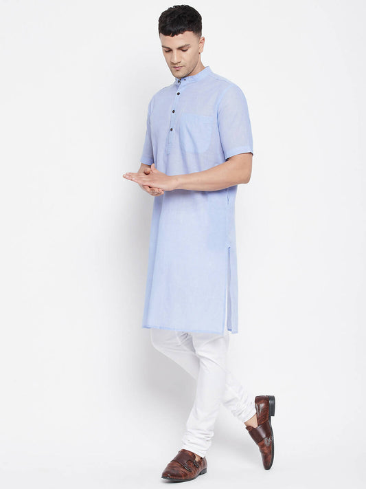 Even Apparels Blue Pure Cotton Men's H/S Kurta With Band Collar | Swadesiicart