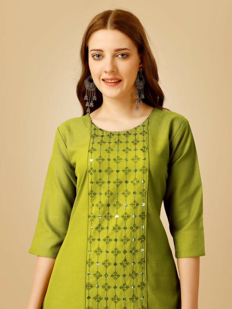 Jyoti Fashion Women's Green Cotton Blend Embroidered Kurta Pant Set - Swadesiicart