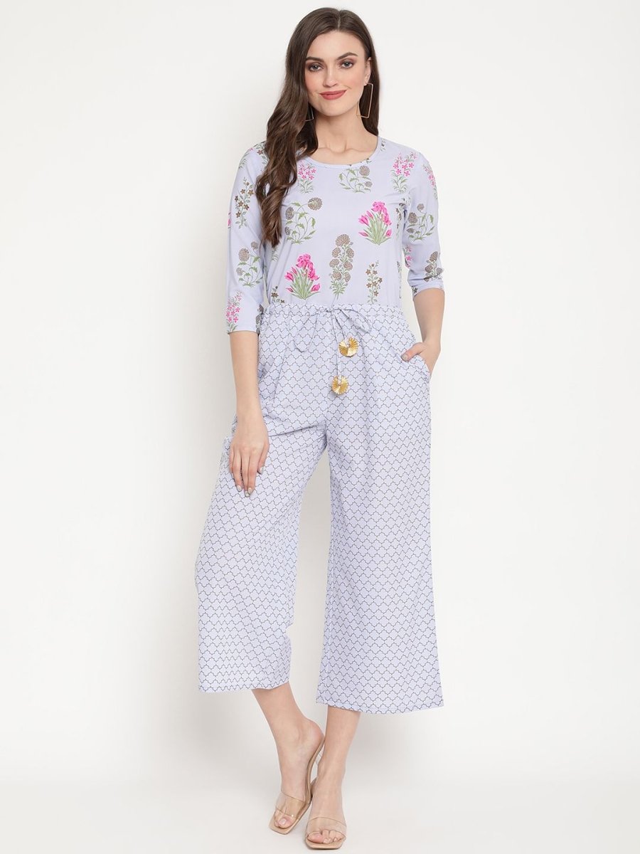 Ahalyaa Womens Blue Crepe Printed Jumpsuit | Swadesiicart