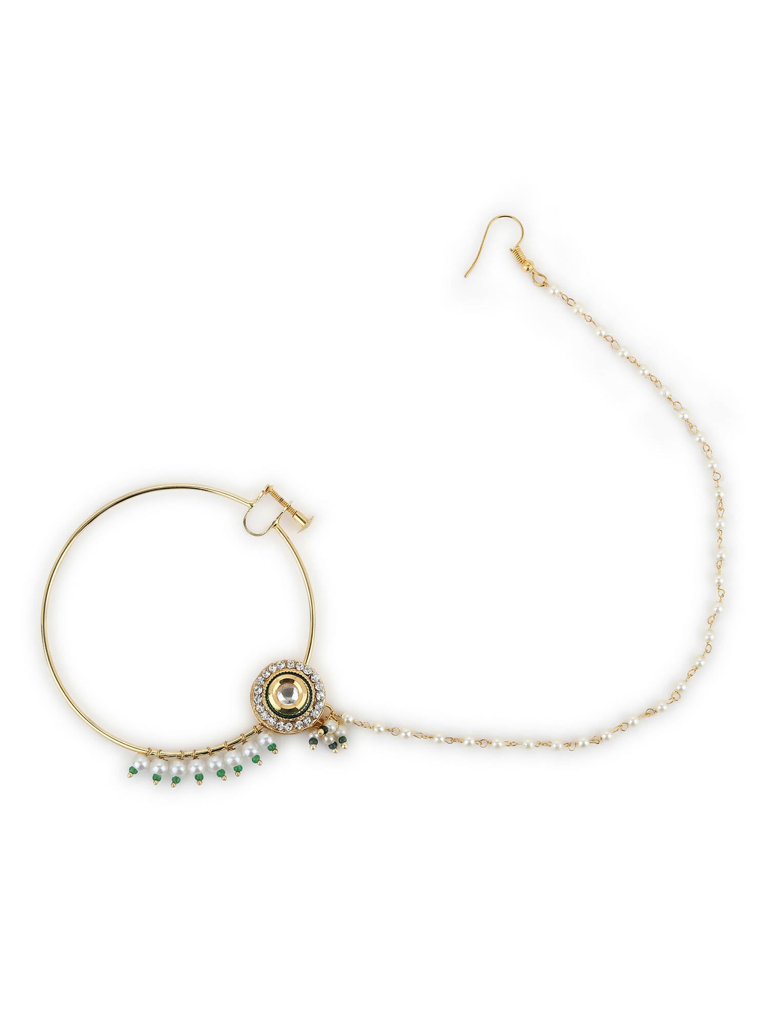 Gold-Polished White Green Kundan-Studded Pearl Beaded Nosepin - Ruby Raang | Swadesiicart