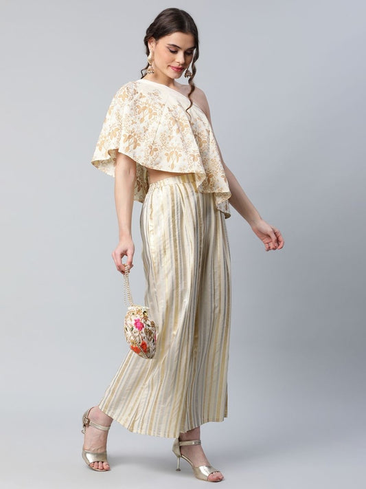 Ahalyaa Women Off White Crepe Floral Printed Top with Palazzos | Swadesiicart