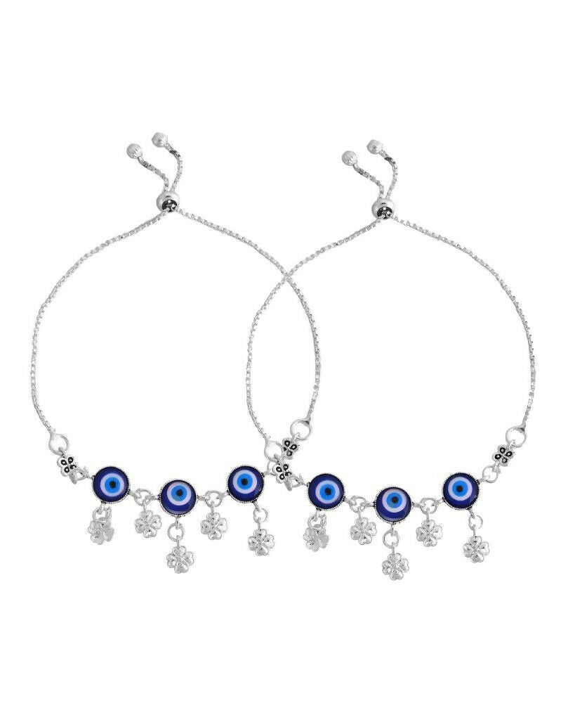 VOJ Set Of 2 Silver Plated Evil Eye Handcrafted Anklets - Swadesiicart