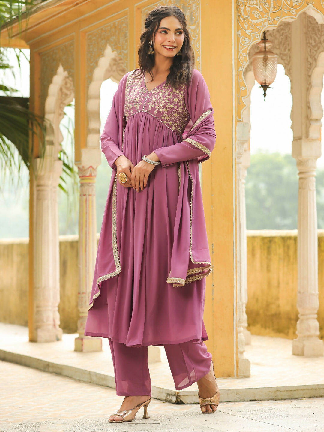 Janasya Lavender Georgette Yoke Embroidery Kurta,Bottom & Dupatta | Swadesiicart
