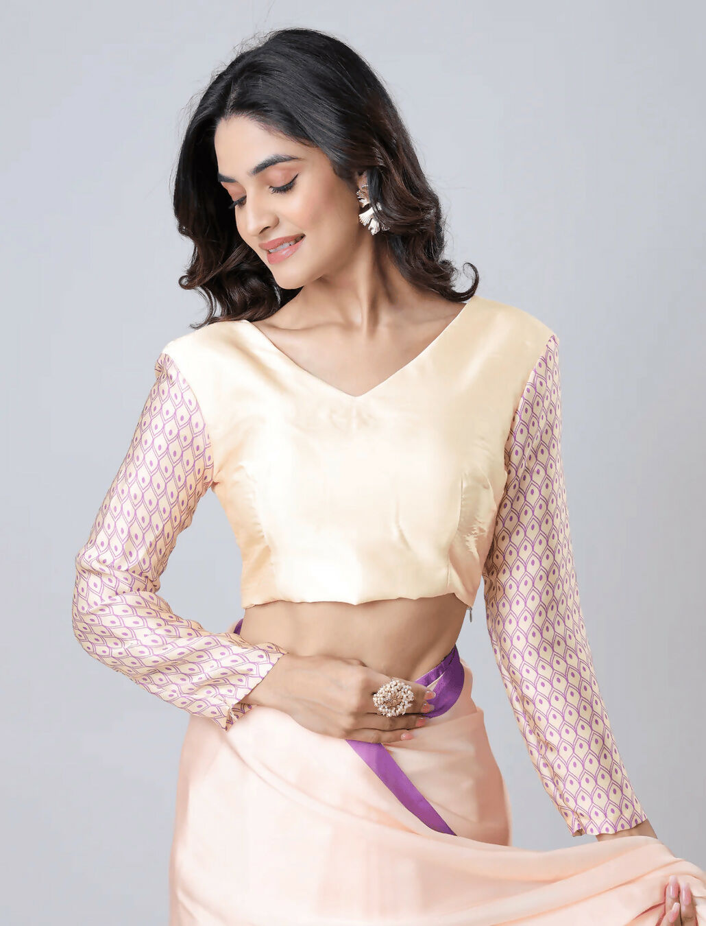 Vastranavya Peach Mandala Print Free Hand Ready to Wear Saree | Swadesiicart