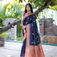 Vishnu Weaves Women's Navy-Blue Tussar Silk Zari Woven Saree with Blouse - Swadesiicart