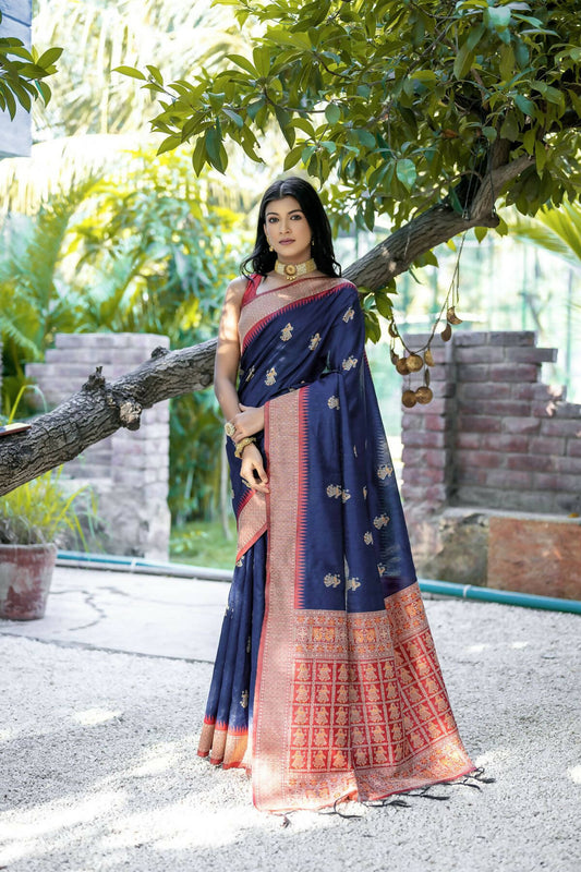 Vishnu Weaves Women's Navy-Blue Tussar Silk Zari Woven Saree with Blouse - Swadesiicart
