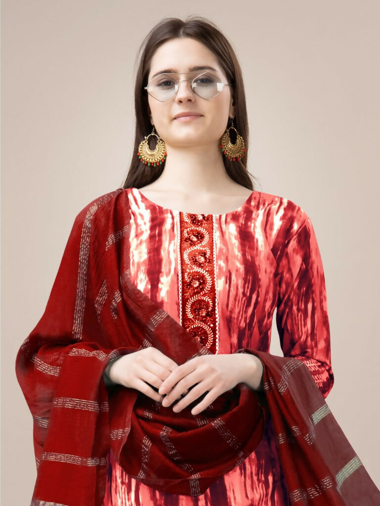 Jyoti Fashion Women's Orange Rayon Print with Embroidery & Fancy Lace Work Kurta with Trouser & Dupatta | Swadesiicart