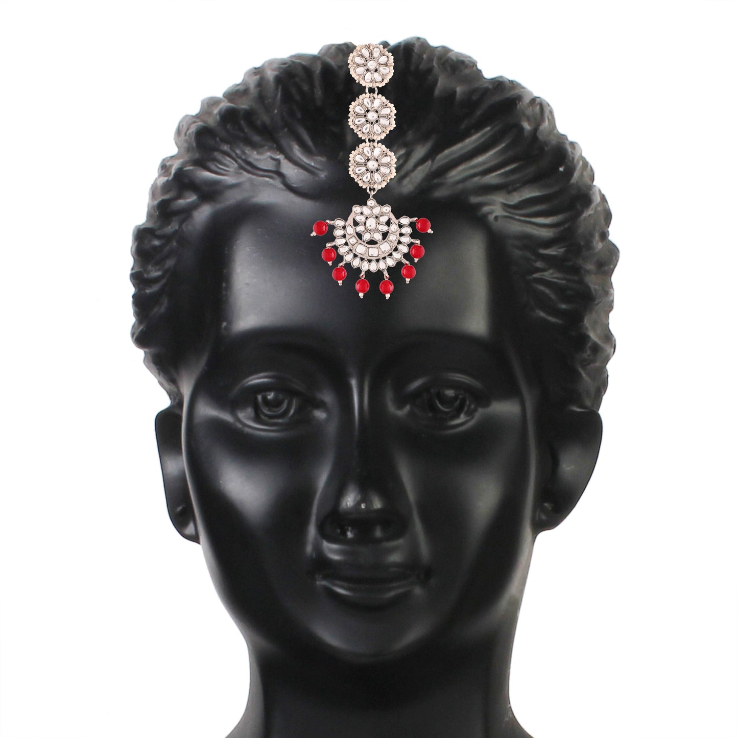 Women Rhodium Plated With Stunning Matte Finish Traditional Kundan & Faux Pearl Chandbali Earrings With Maang Tikka Set - Wahe Jewels - Swadesiicart