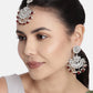 Women Rhodium Plated With Stunning Matte Finish Traditional Kundan & Faux Pearl Chandbali Earrings With Maang Tikka Set - Wahe Jewels - Swadesiicart