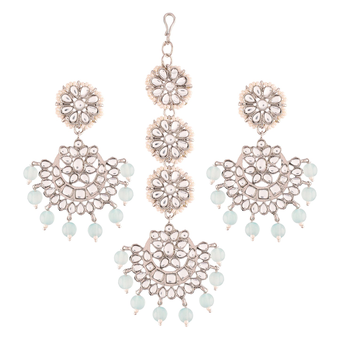 Gold-Polished With Matte Finish Traditional Kundan & Faux Pearl Chandbali Earrings With Maang Tikka Set - Wahe Jewels - Swadesiicart