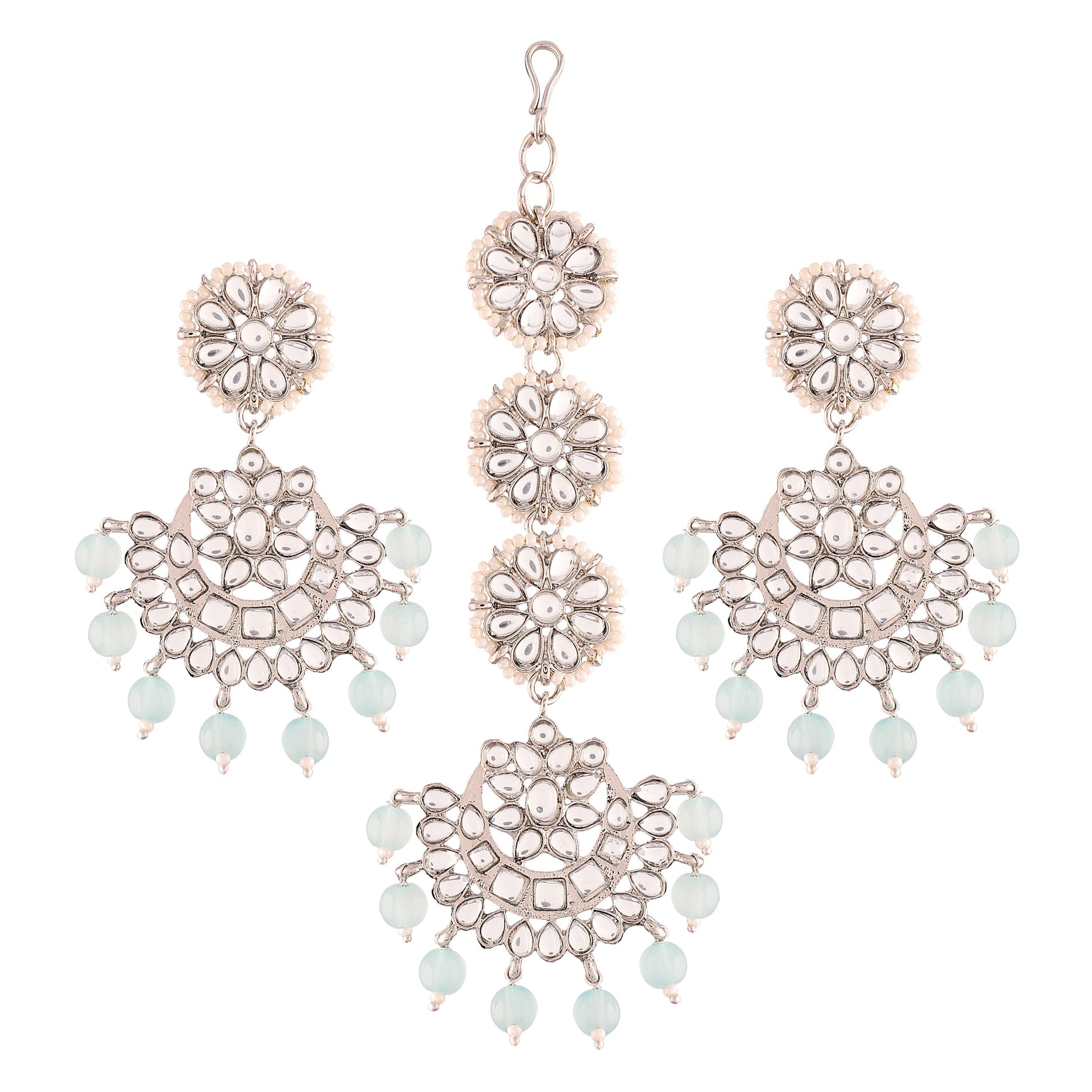 Gold-Polished With Matte Finish Traditional Kundan & Faux Pearl Chandbali Earrings With Maang Tikka Set - Wahe Jewels - Swadesiicart